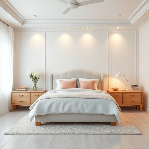 Quarto aconchegante com cama king size e decoraäão em tons pastel